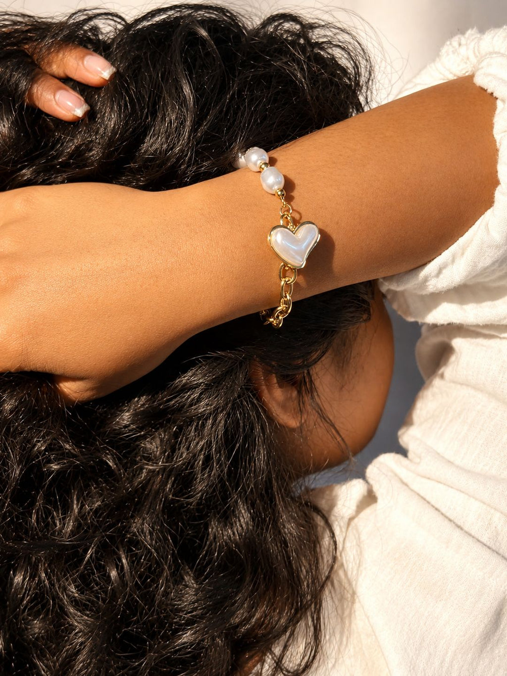 Anti-tarnish stainless steel pearl heart bracelet, jewellery accessory