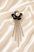 Black Flower with Crystals Long Brooch
