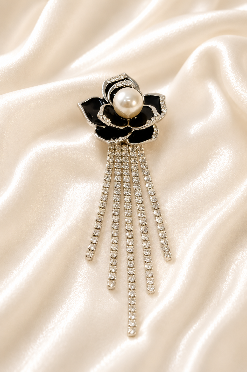Black Flower with Crystals Long Brooch