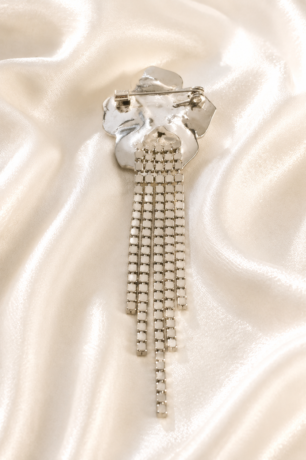 Black Flower with Crystals Long Brooch