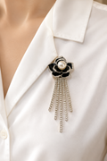 Black Flower with Crystals Long Brooch