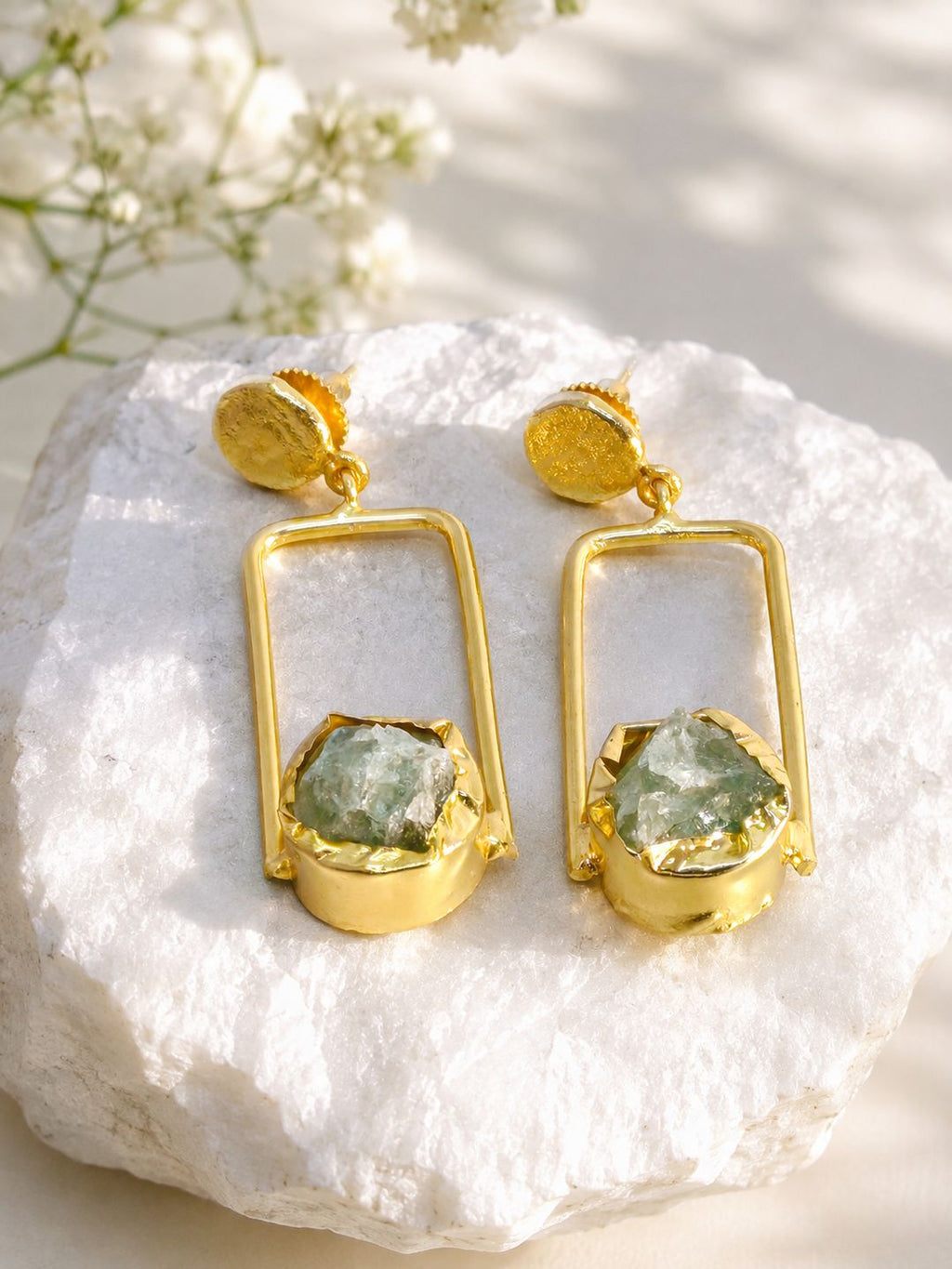 Brass blue stone in geometric frame dangler, jewellery accessory