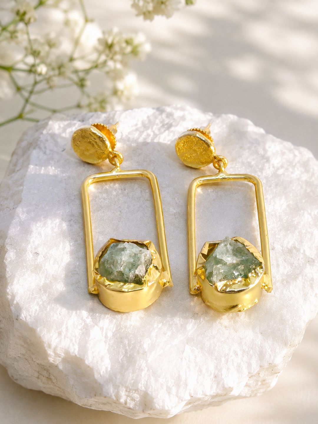 Brass blue stone in geometric frame dangler, jewellery accessory