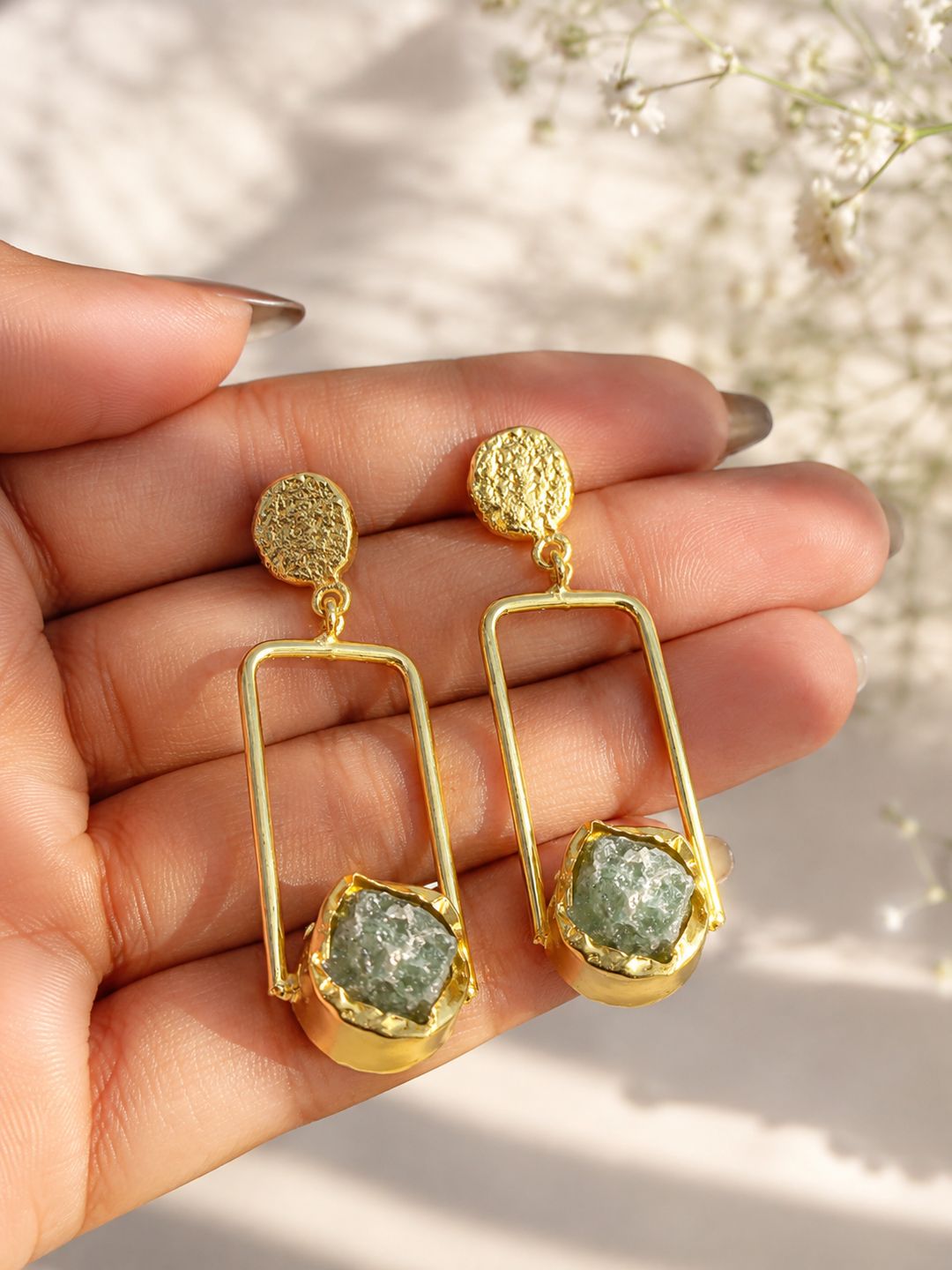 Brass blue stone in geometric frame dangler, jewellery accessory