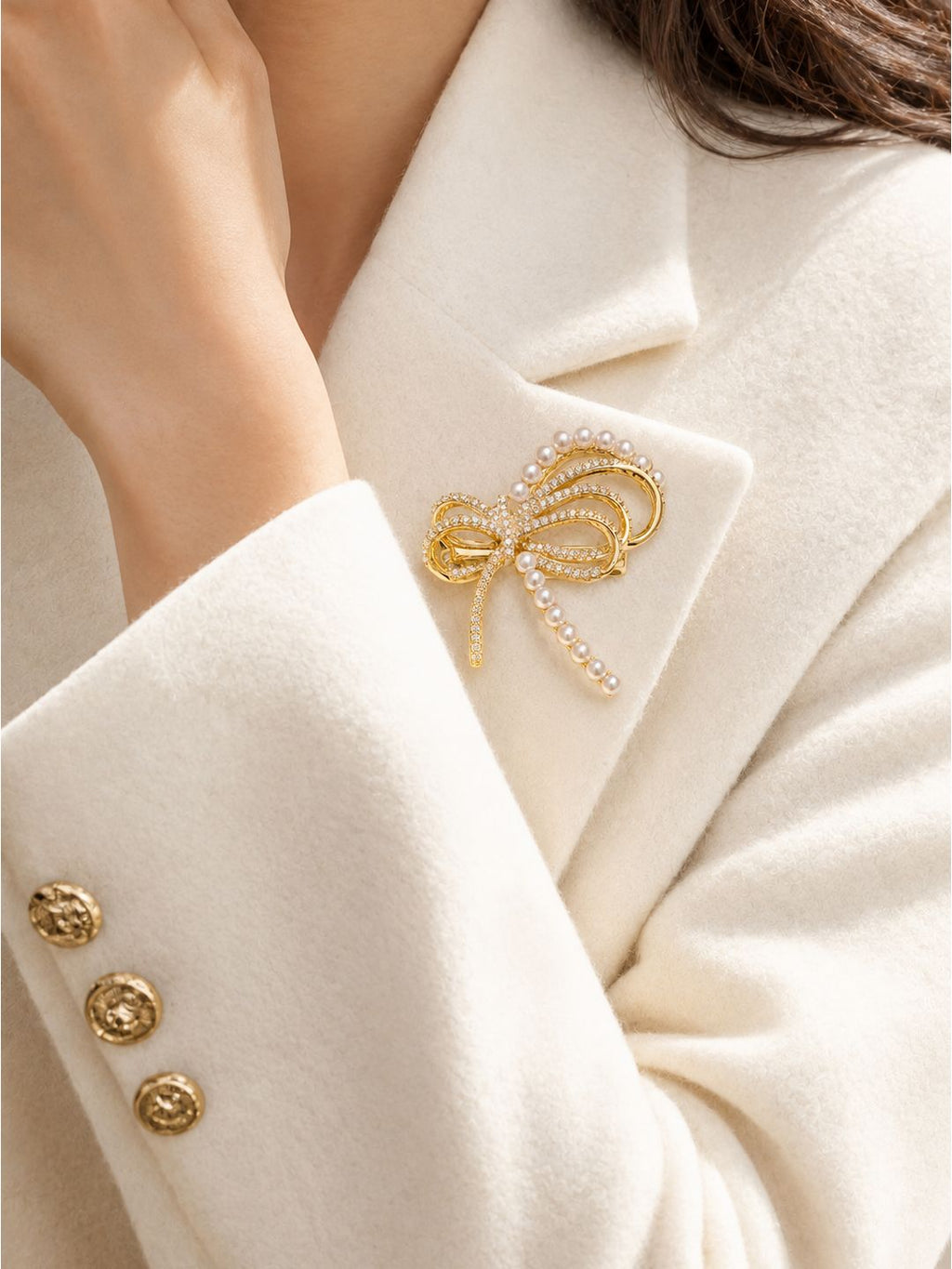 Copper bow with pearls brooch, jewellery accessory