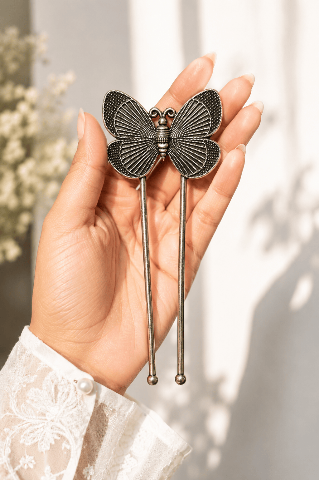 Silver oxidised butterfly hair pin, jewellery hair accessory