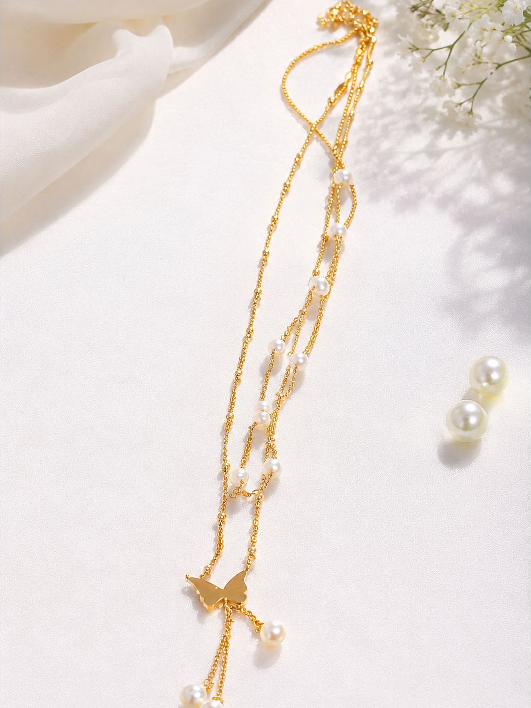 Anti-tarnish stainless steel butterfly pearl waist chain, jewellery accessory