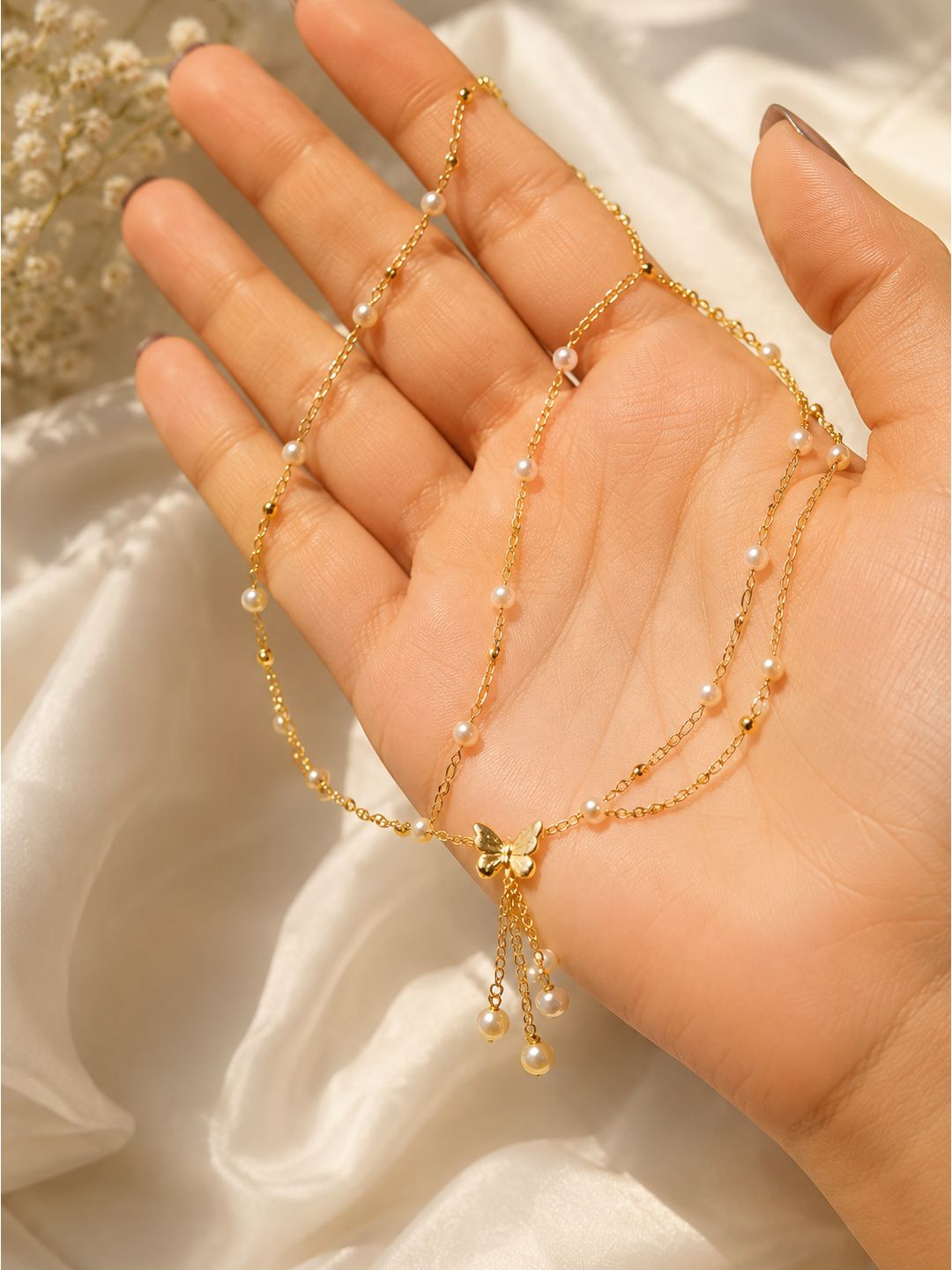 Anti-tarnish stainless steel butterfly pearl waist chain, jewellery accessory