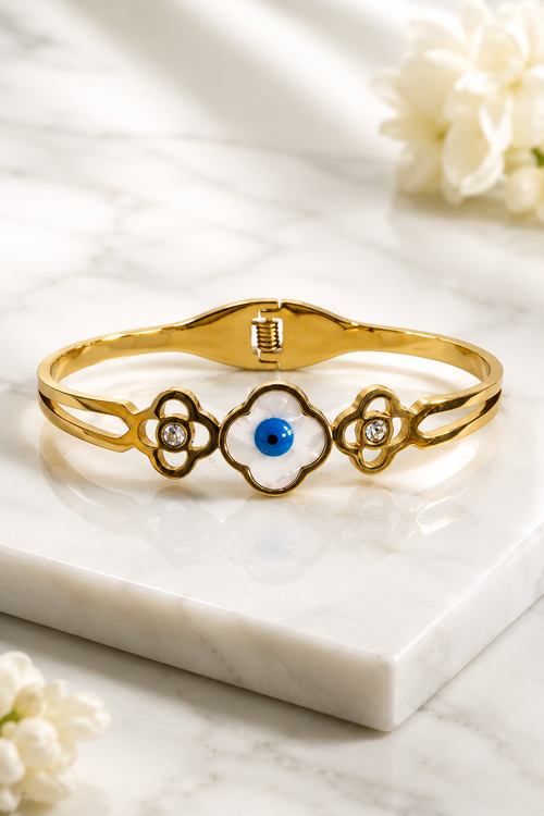 Anti-tarnish stainless steel clover evil eye bangle, jewellery accessory