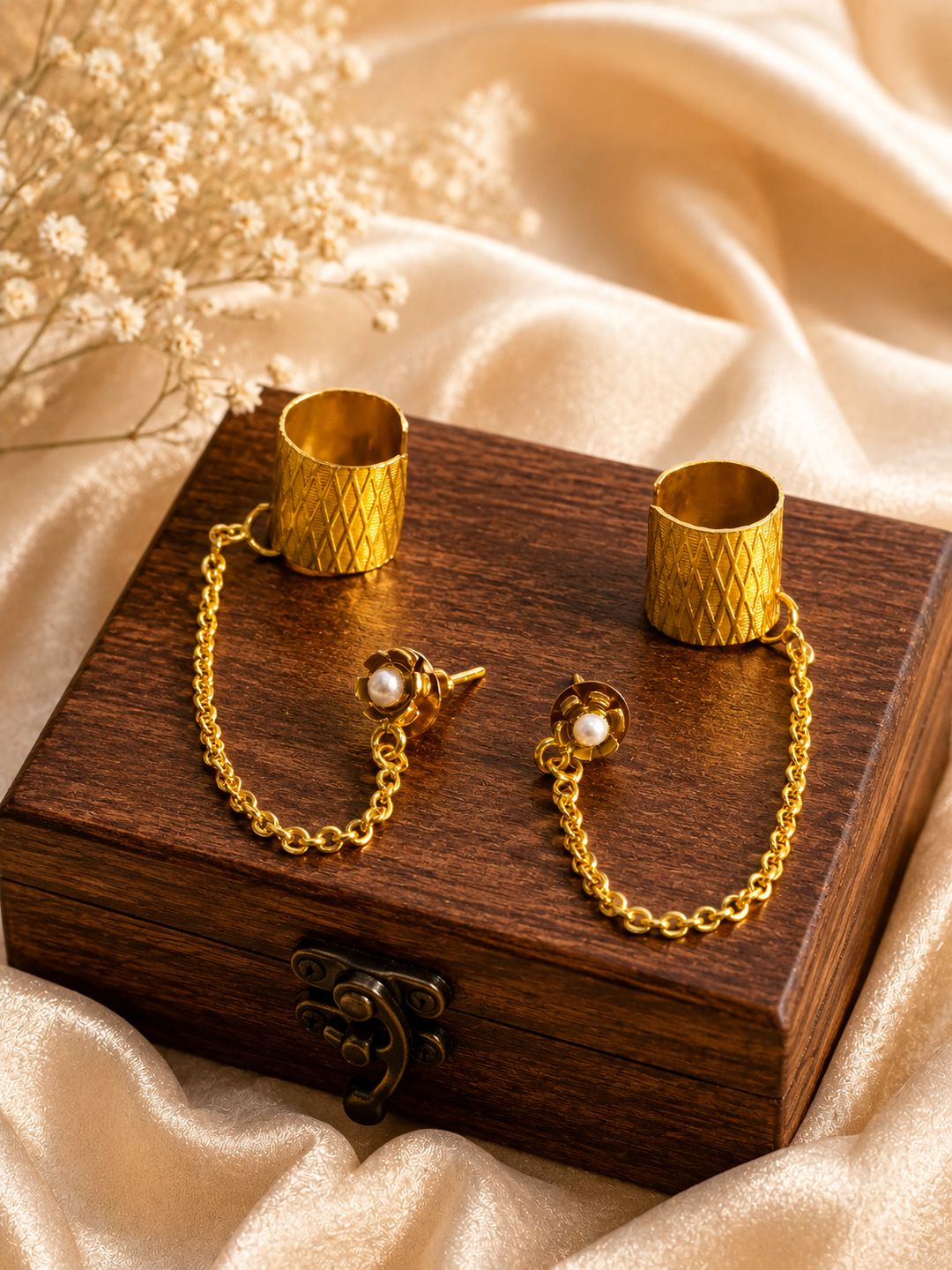 Brass cylindrical cuff with chain ear cuff earrings, jewellery accessory