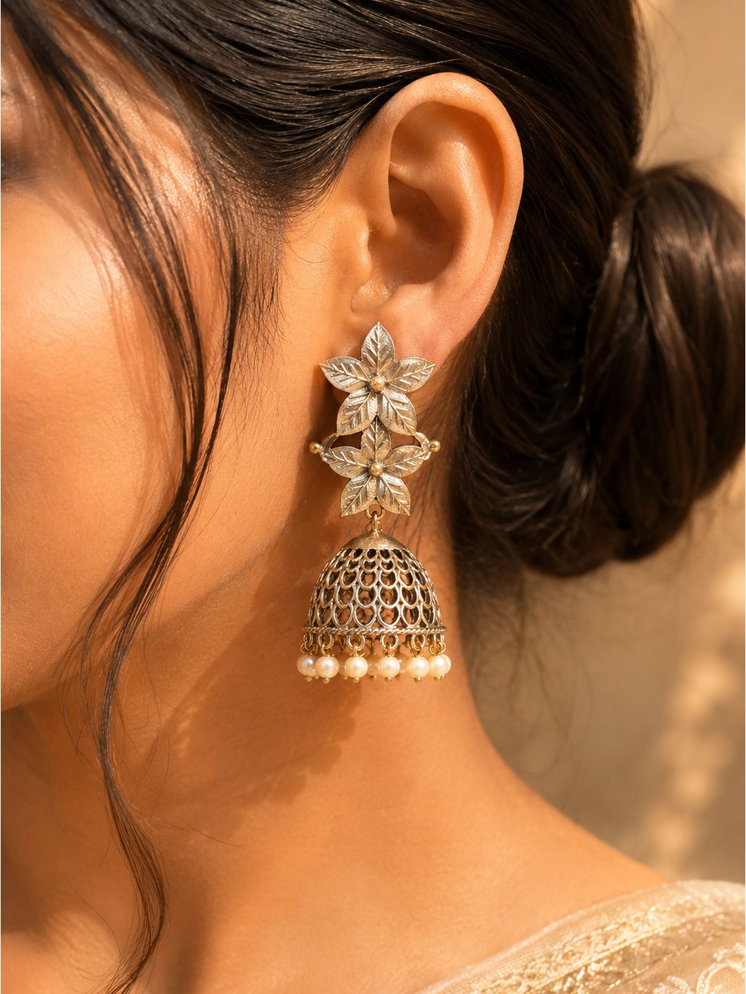 Oxidised brass double flower jhumki earrings, jewellery accessory