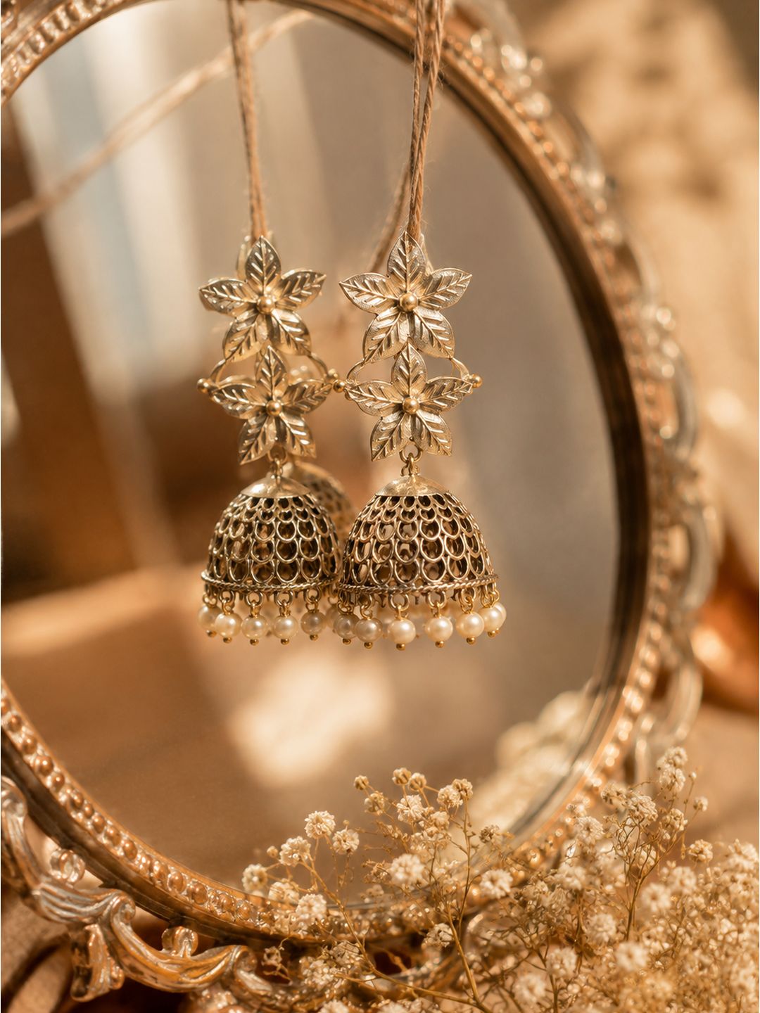 Oxidised brass double flower jhumki earrings, jewellery accessory