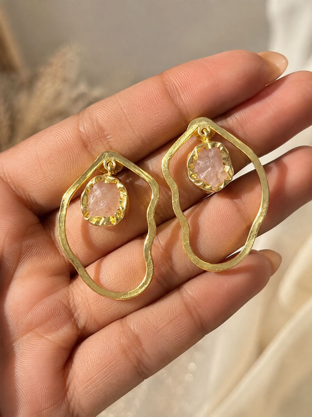 Brass ear shaped uncut stone dangler, jewellery accessory