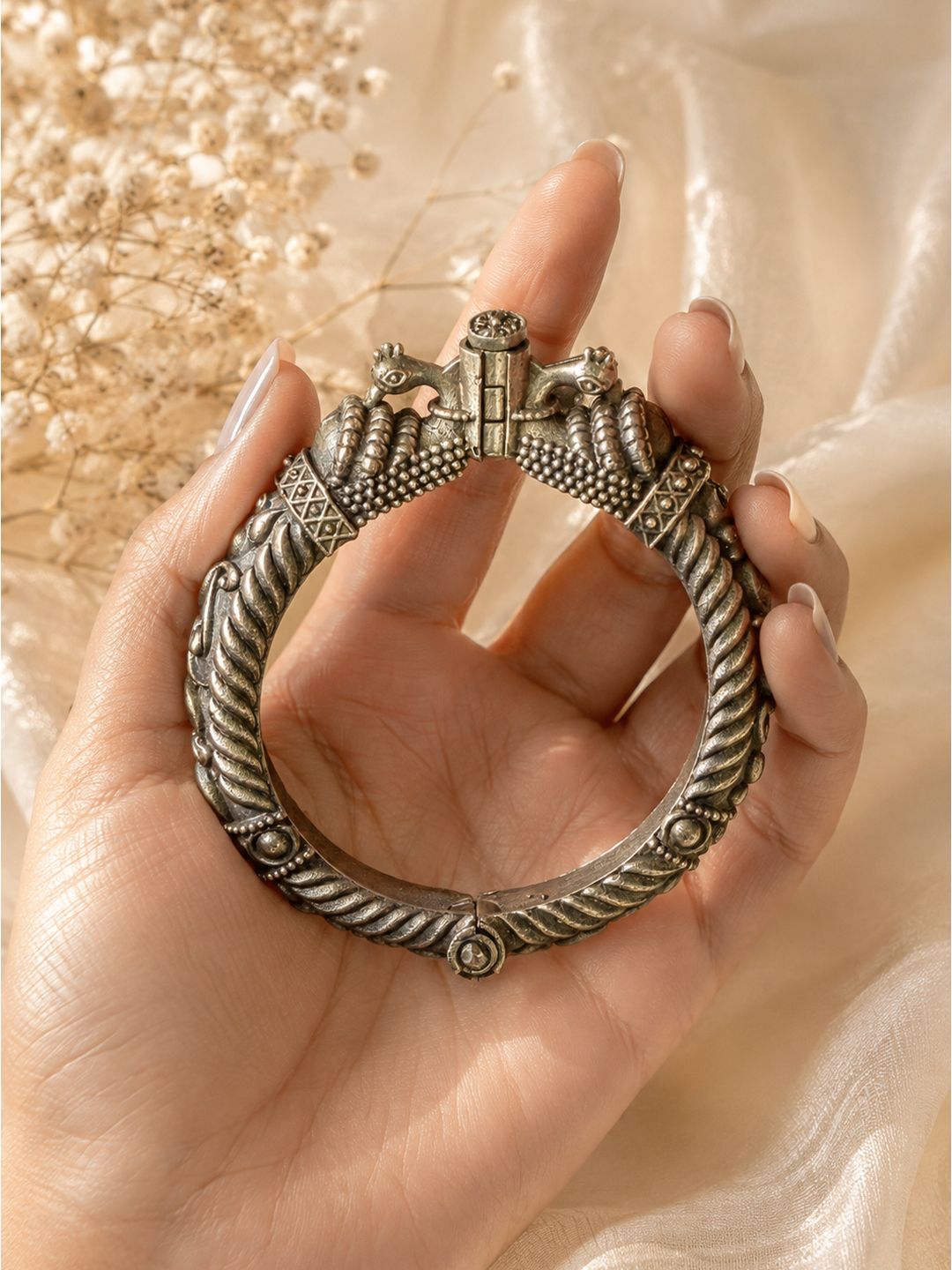 Oxidised brass elephant lock bangle handcuff, jewellery accessory