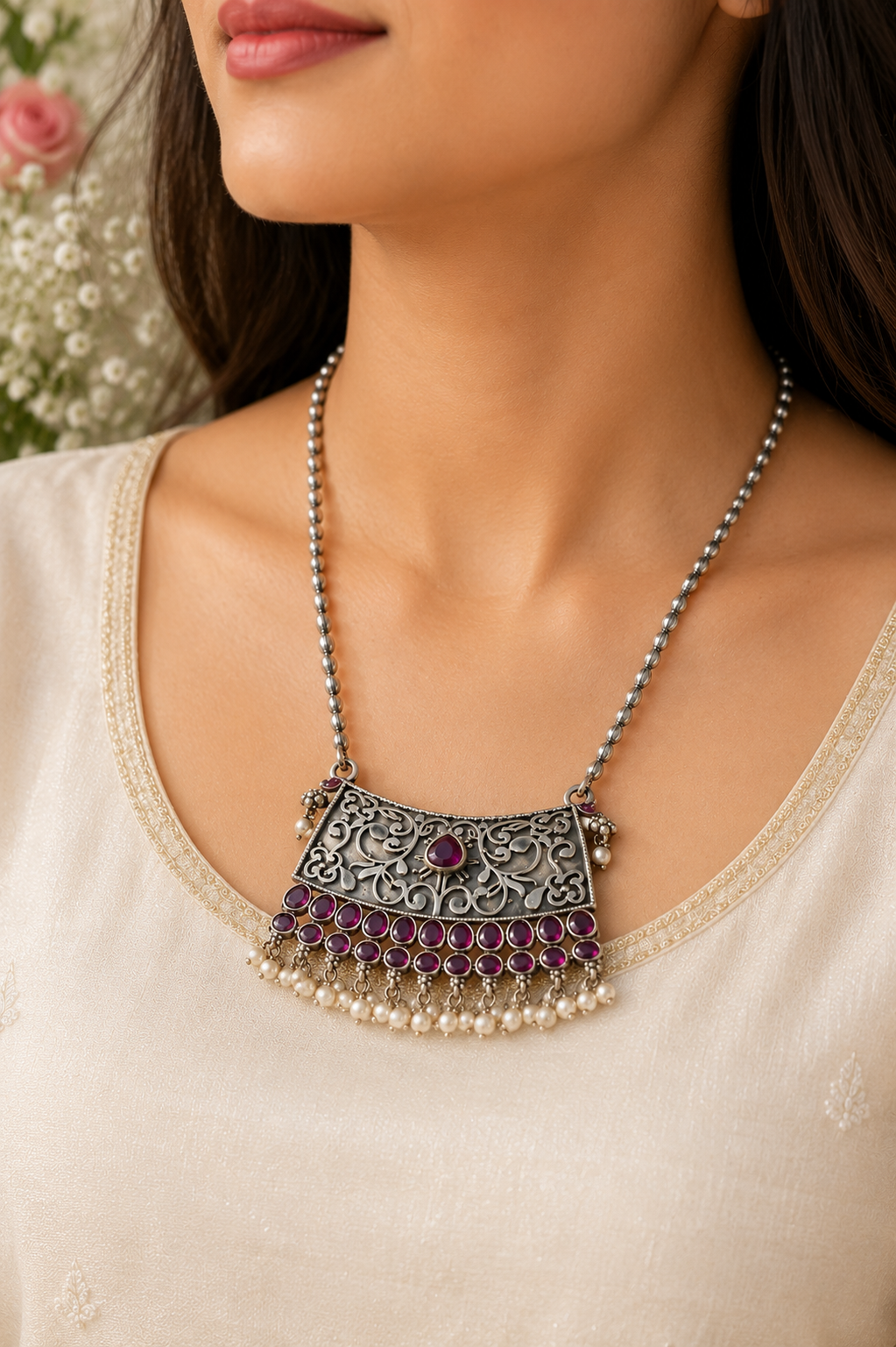 Floral Pendant Long Neckpiece