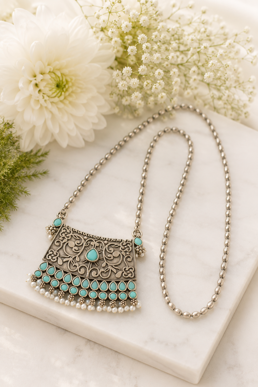 Oxidised metal floral pendant long neckpiece necklace, jewellery accessory