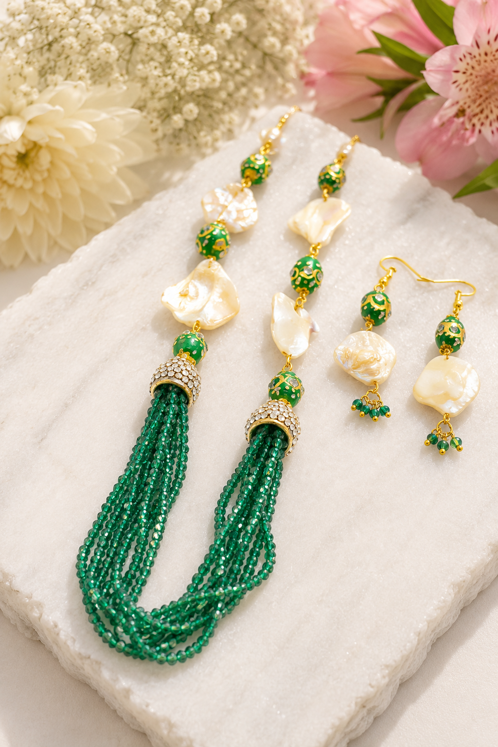 Keshi Pearl Tassels with Green Beads Neckpiece Set