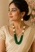 Keshi Pearl Tassels with Green Beads Neckpiece Set