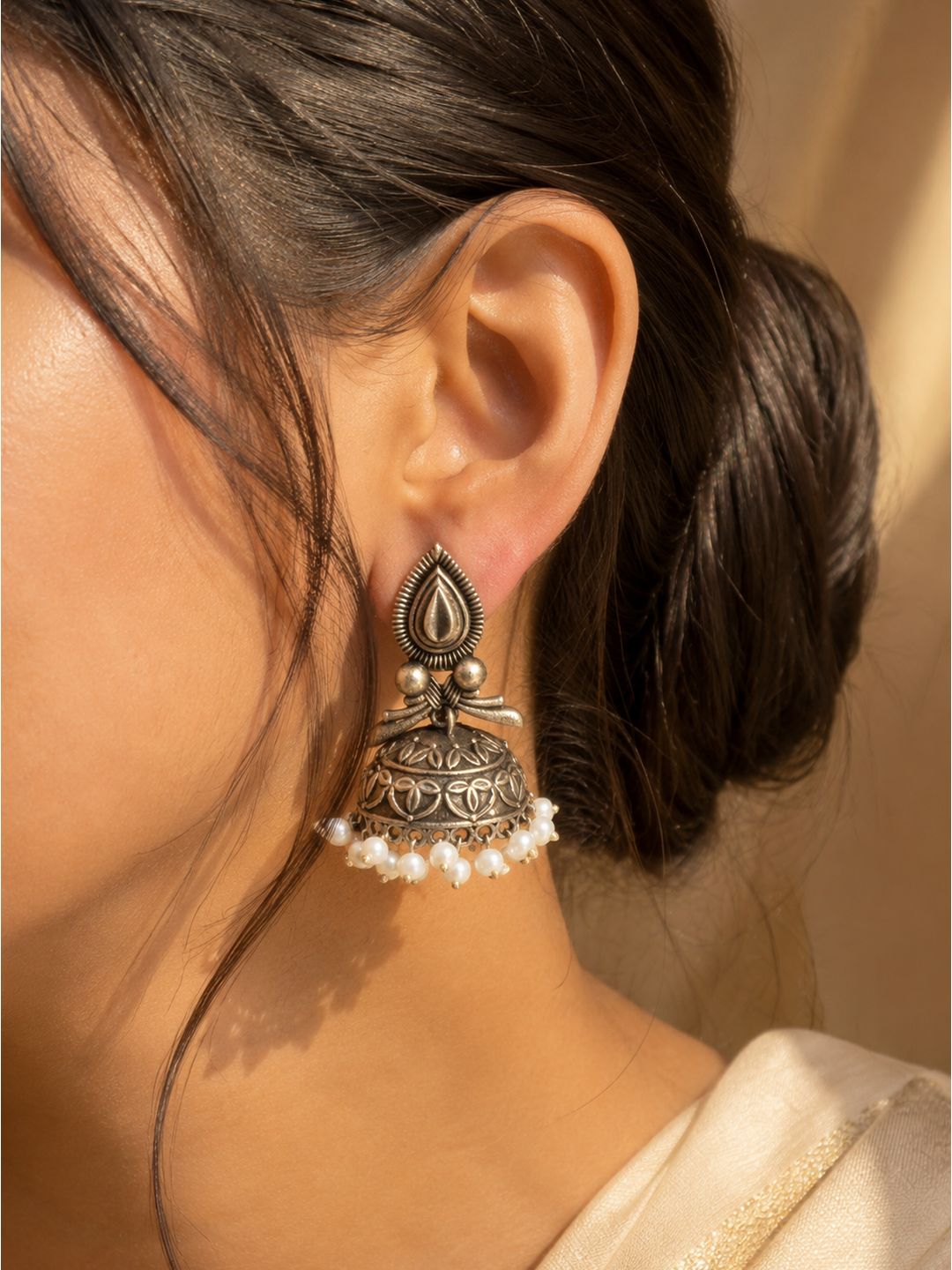 Oxidised brass leaf petal jhumki earrings, jewellery accessory