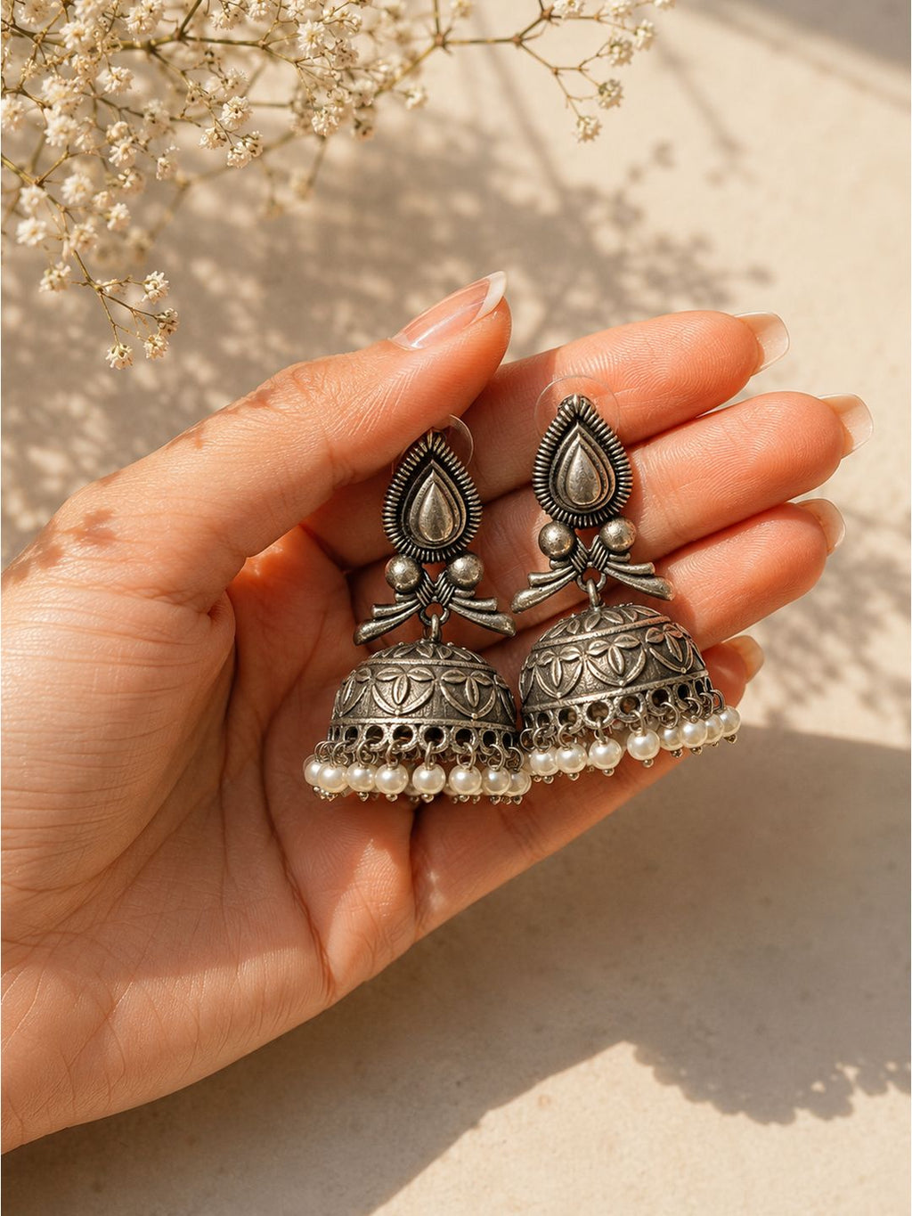 Oxidised brass leaf petal jhumki earrings, jewellery accessory