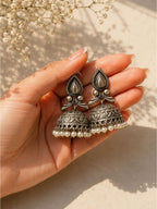 Oxidised brass leaf petal jhumki earrings, jewellery accessory