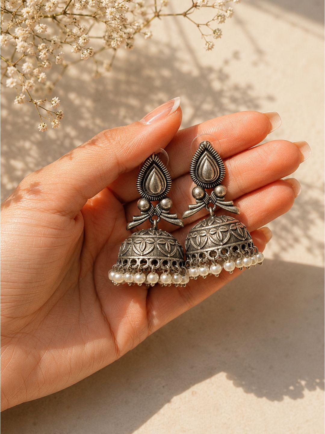 Oxidised brass leaf petal jhumki earrings, jewellery accessory