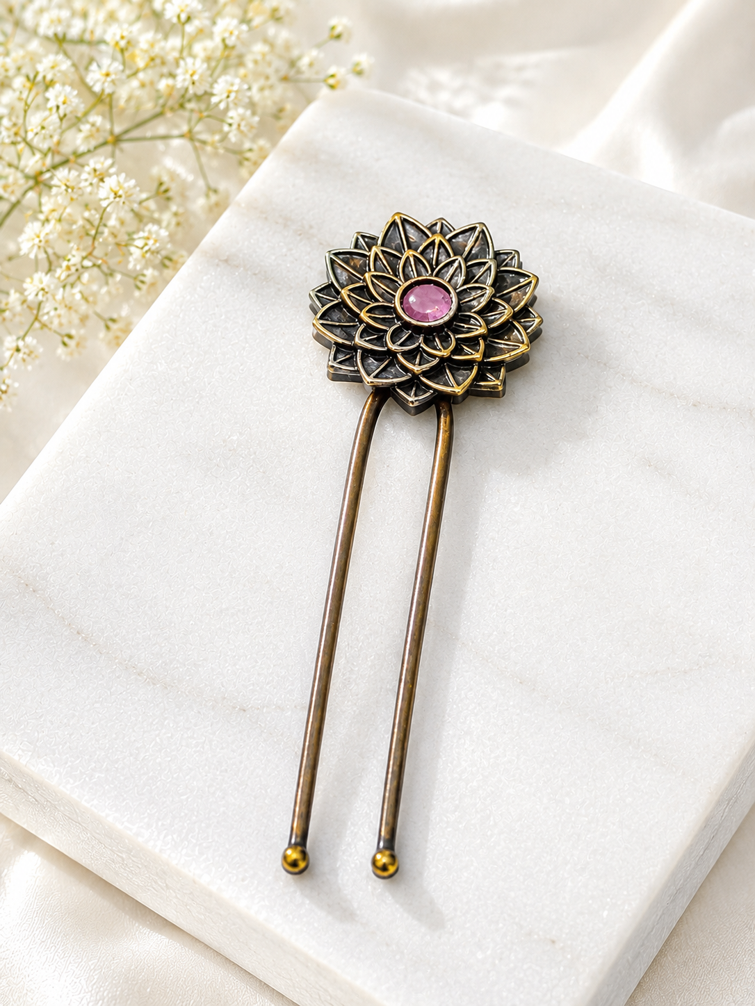 Silver oxidised lotus hair pin, jewellery hair accessory