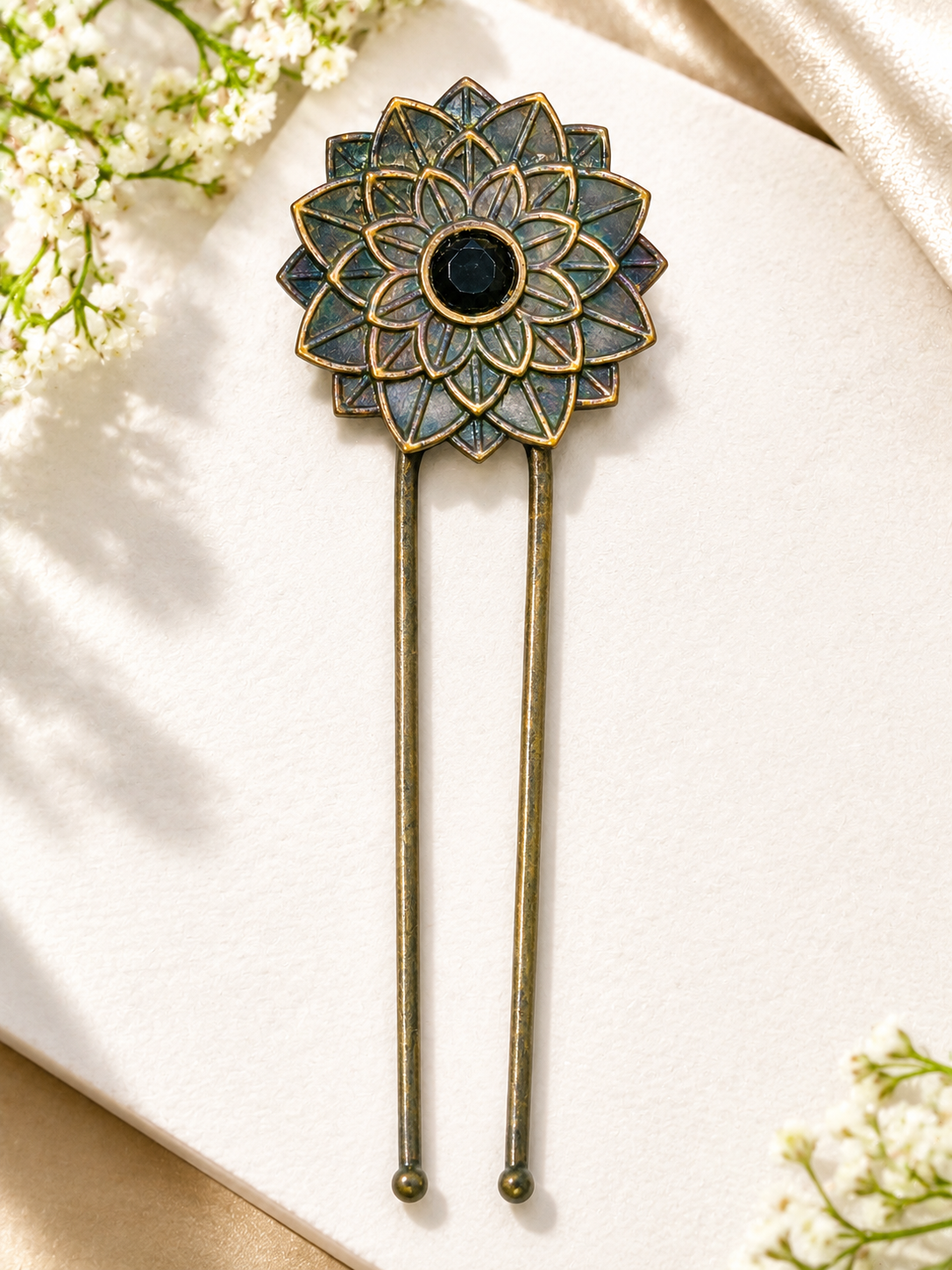 Silver oxidised lotus hair pin, jewellery hair accessory