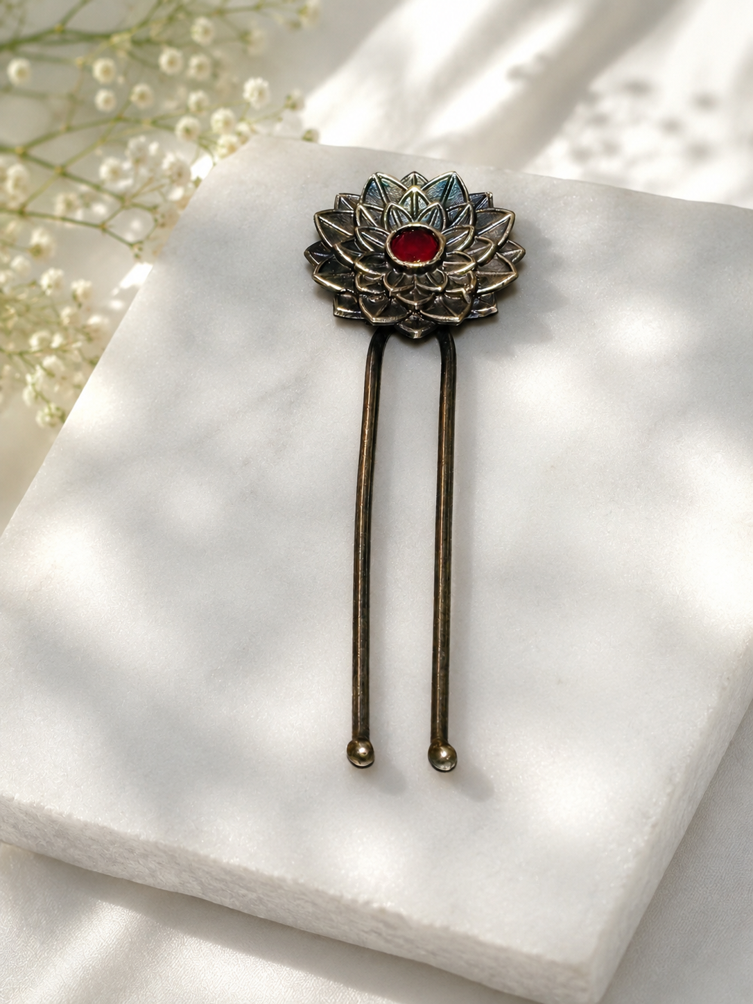 Silver oxidised lotus hair pin, jewellery hair accessory