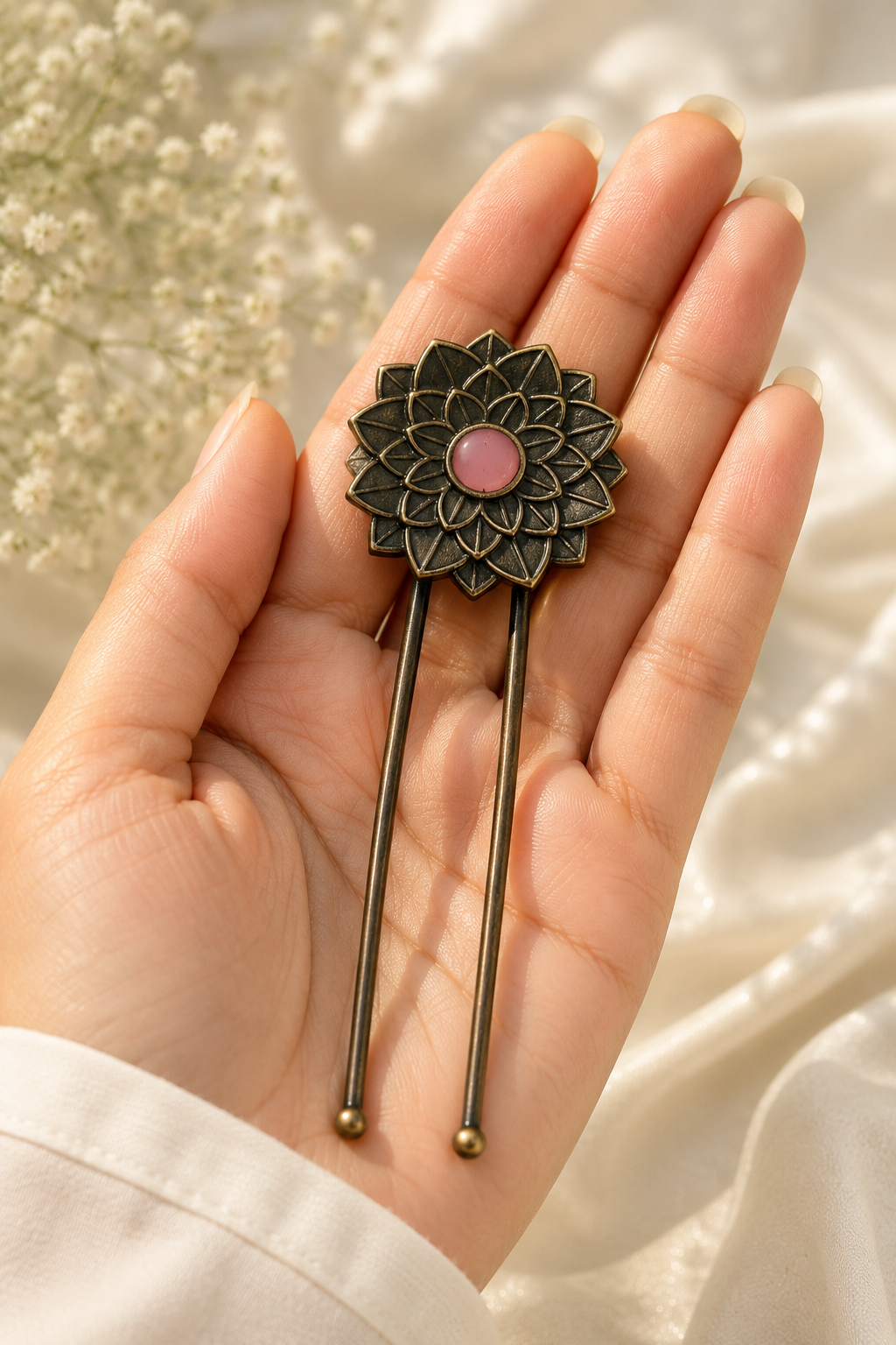 Silver oxidised lotus hair pin, jewellery hair accessory
