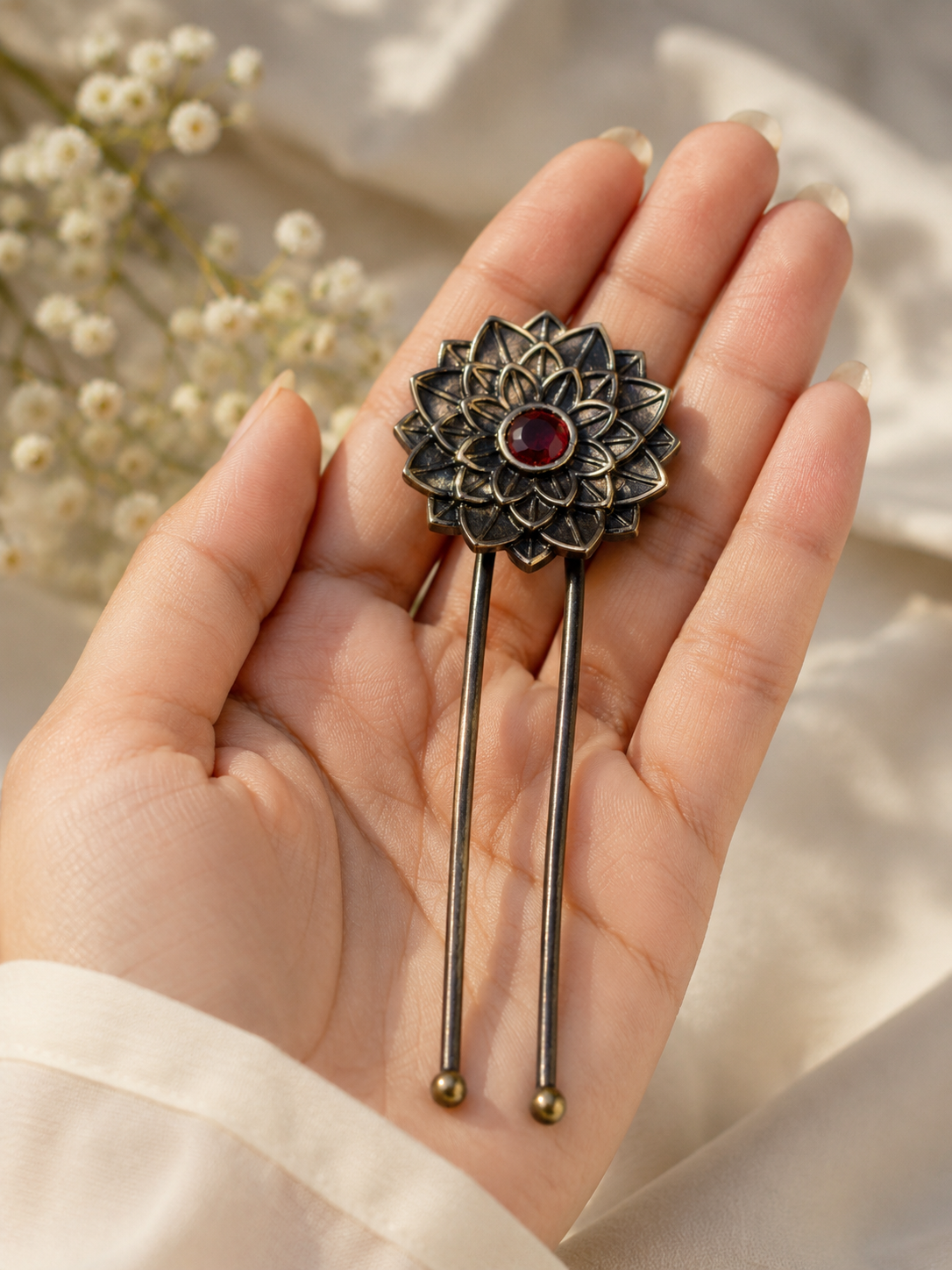 Silver oxidised lotus hair pin, jewellery hair accessory