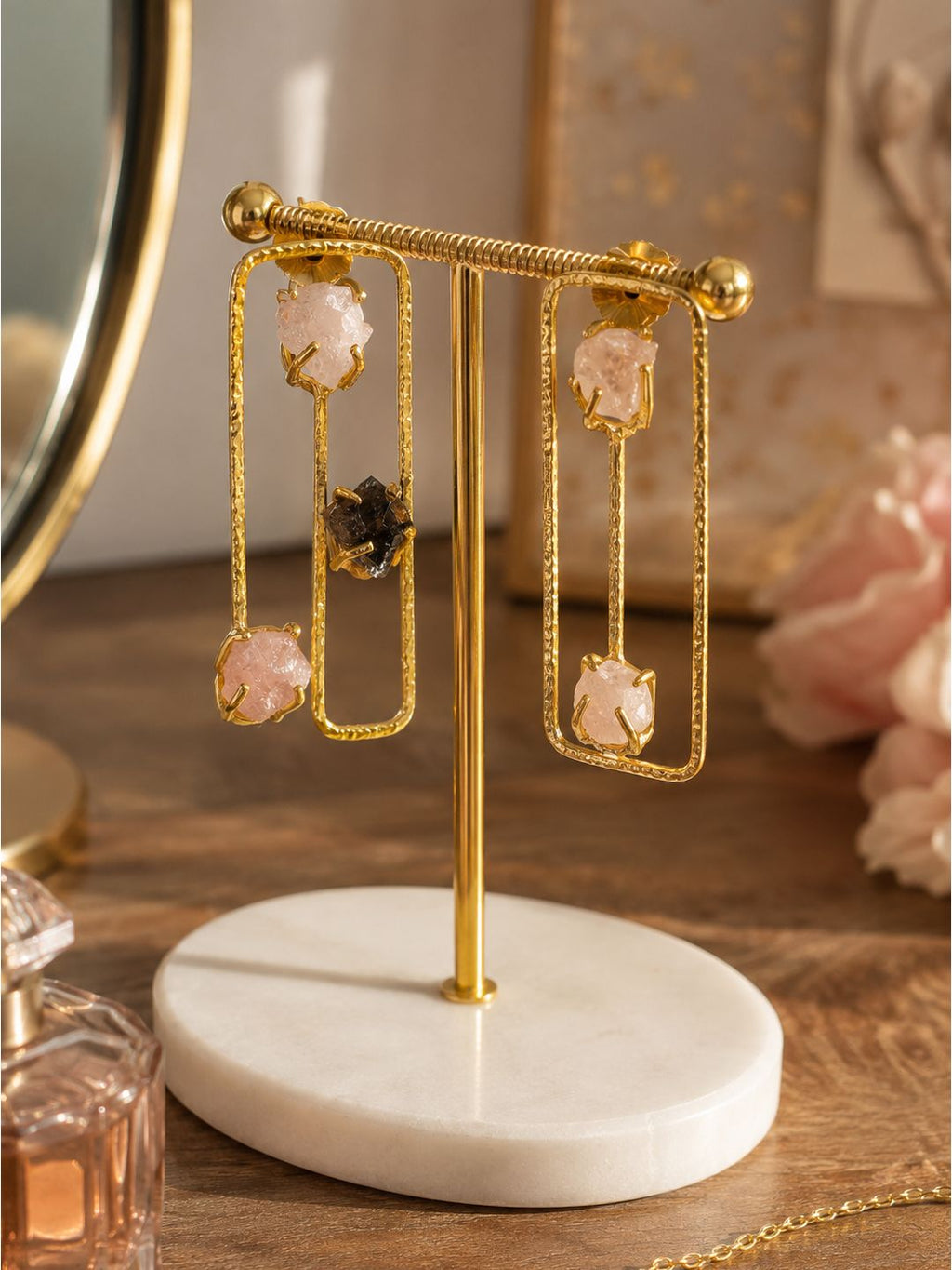 Brass maze earrings with uncut stones dangler, jewellery accessory