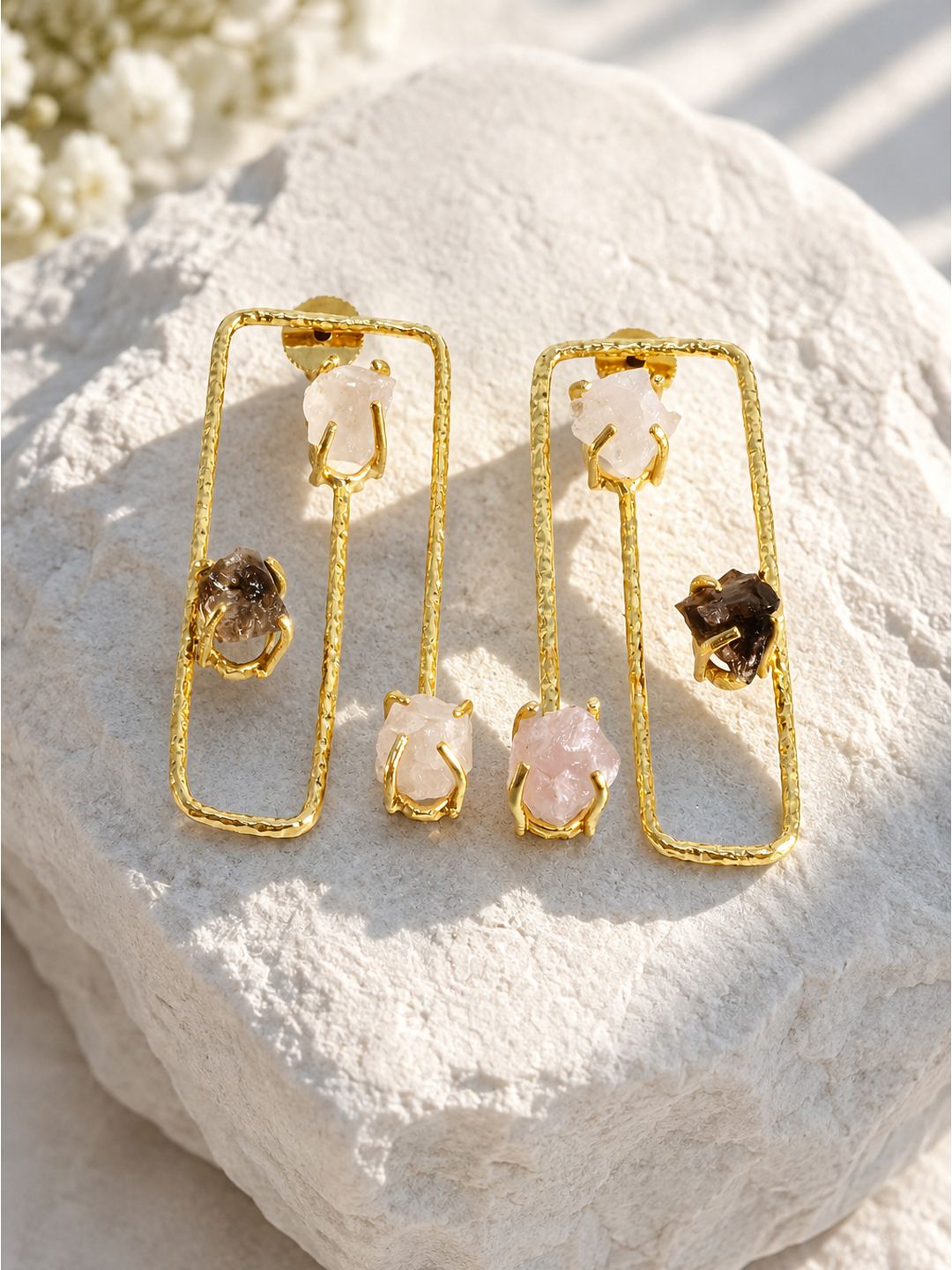 Brass maze earrings with uncut stones dangler, jewellery accessory