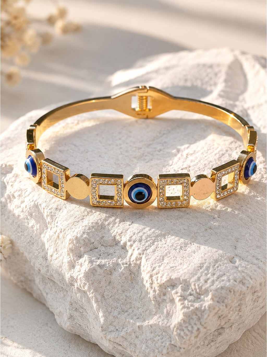 Anti-tarnish stainless steel multi evil eye square bangle, jewellery accessory