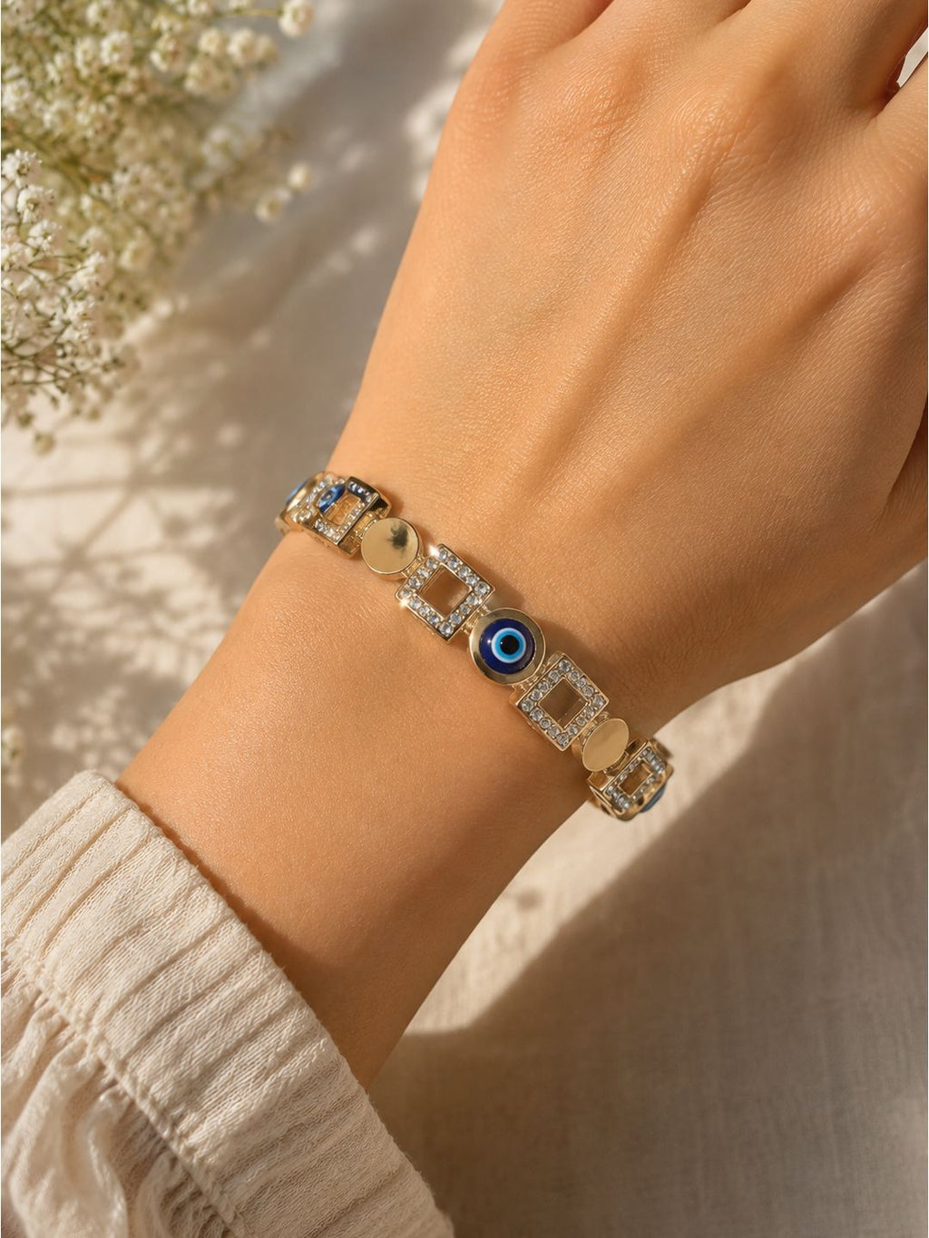 Anti-tarnish stainless steel multi evil eye square bangle, jewellery accessory