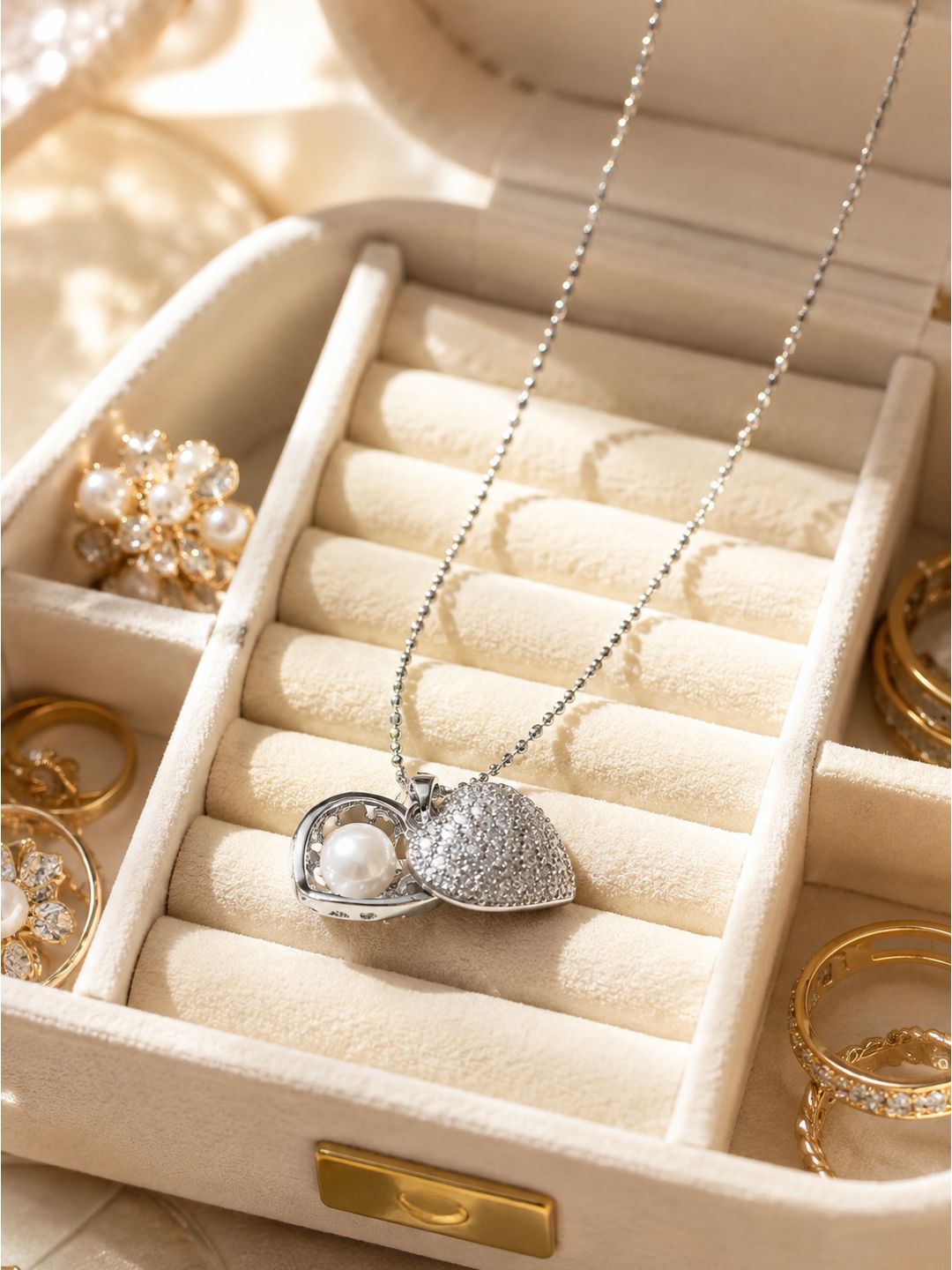 Anti-tarnish stainless steel pearl in heart pendant, jewellery accessory