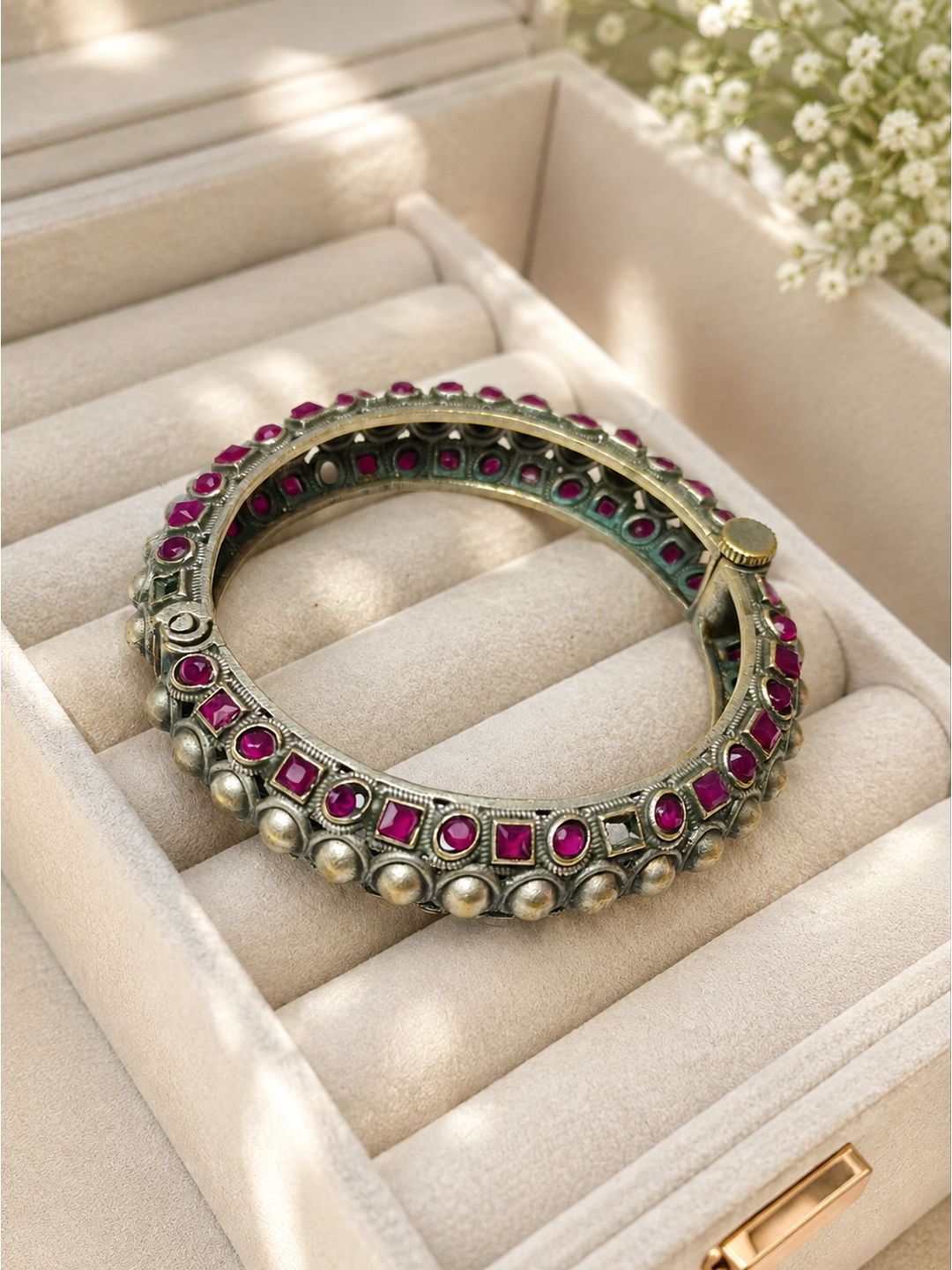 Oxidised brass pearls and ruby stone handcuff, jewellery accessory