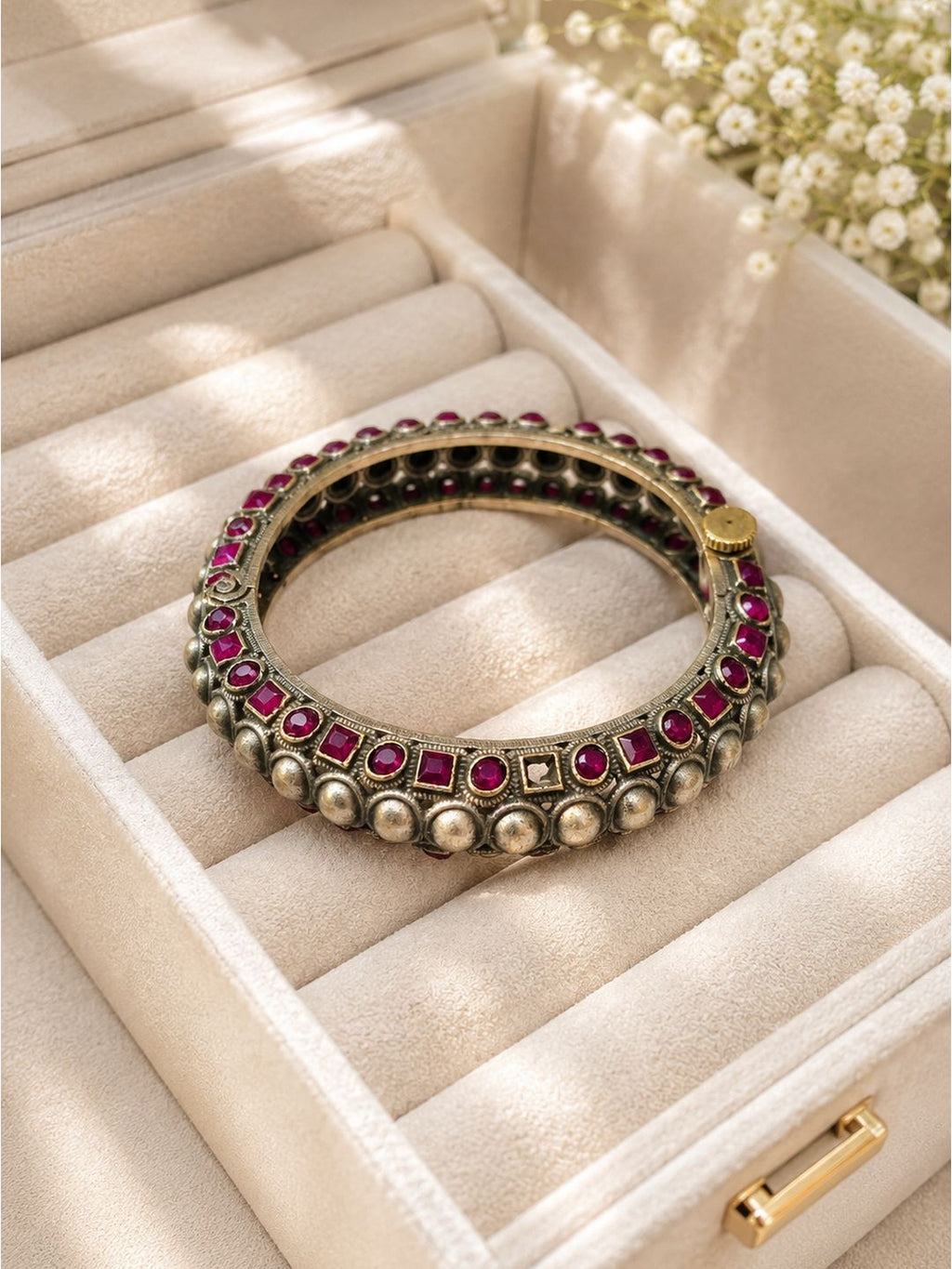 Oxidised brass pearls and ruby stone handcuff, jewellery accessory
