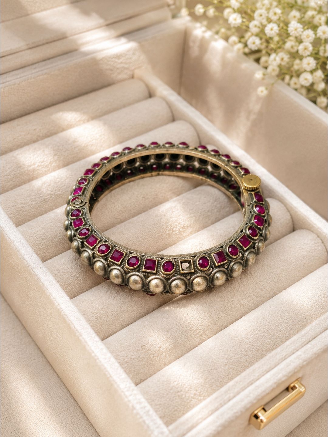 Oxidised brass pearls and ruby stone handcuff, jewellery accessory