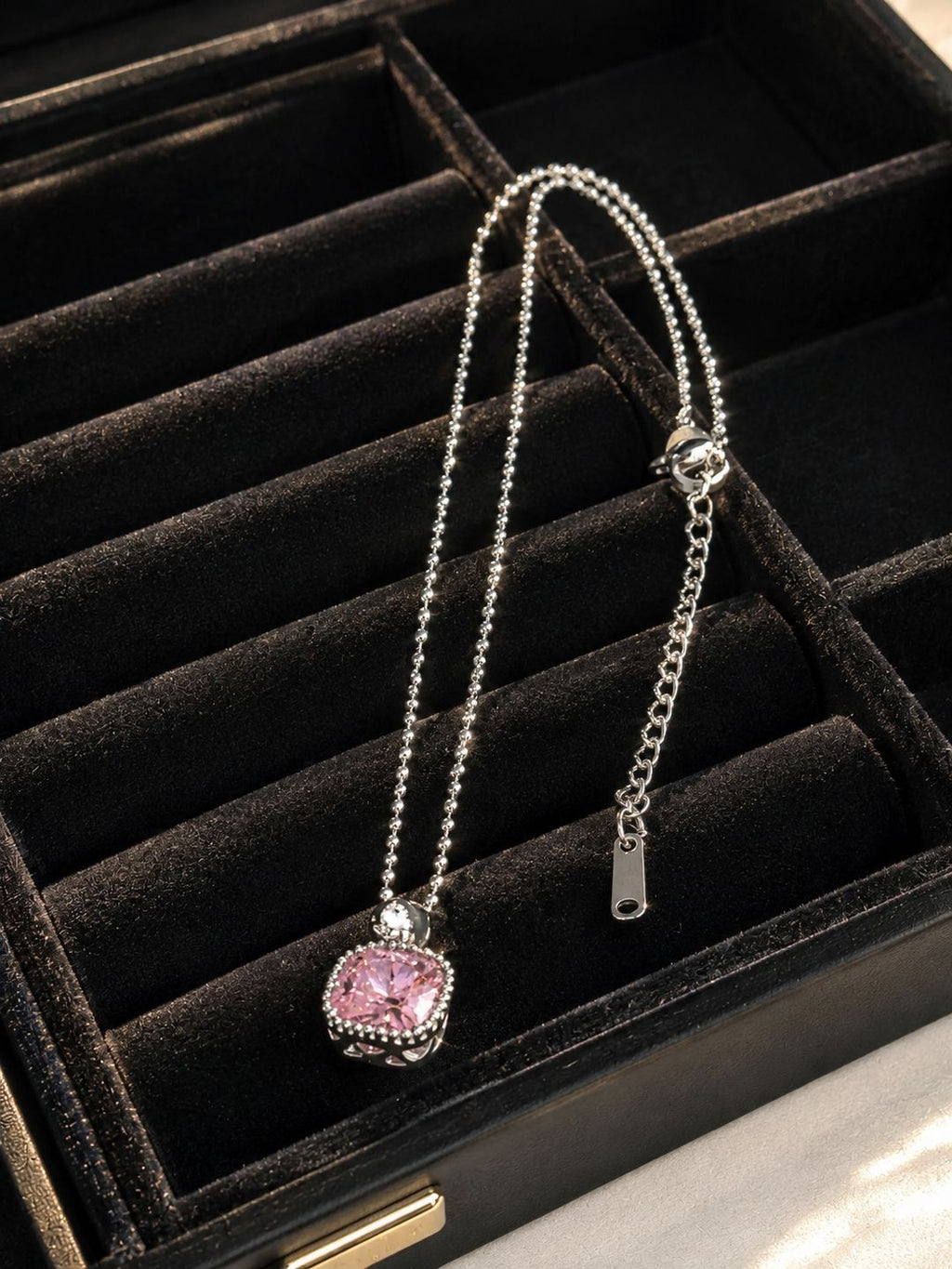 Anti-tarnish stainless steel pink crystal with diamond halo pendant, jewellery accessory
