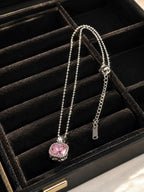 Anti-tarnish stainless steel pink crystal with diamond halo pendant, jewellery accessory