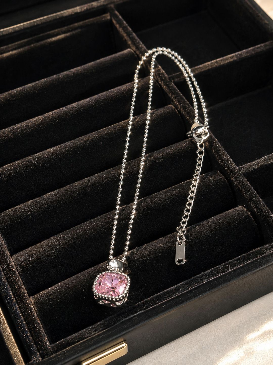 Anti-tarnish stainless steel pink crystal with diamond halo pendant, jewellery accessory