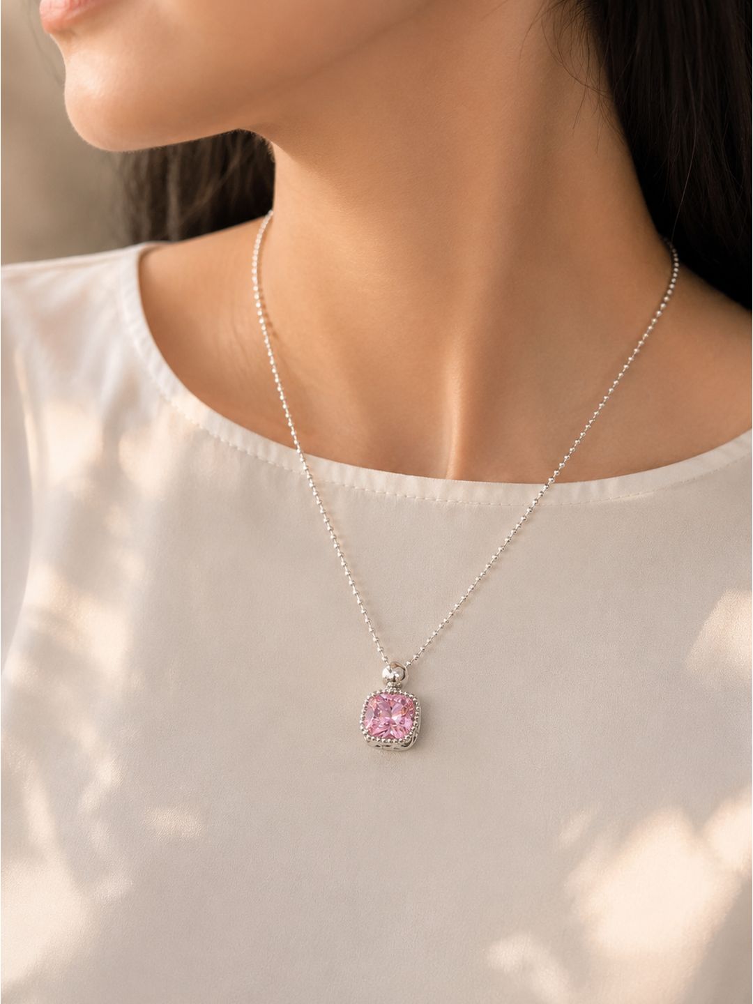 Anti-tarnish stainless steel pink crystal with diamond halo pendant, jewellery accessory