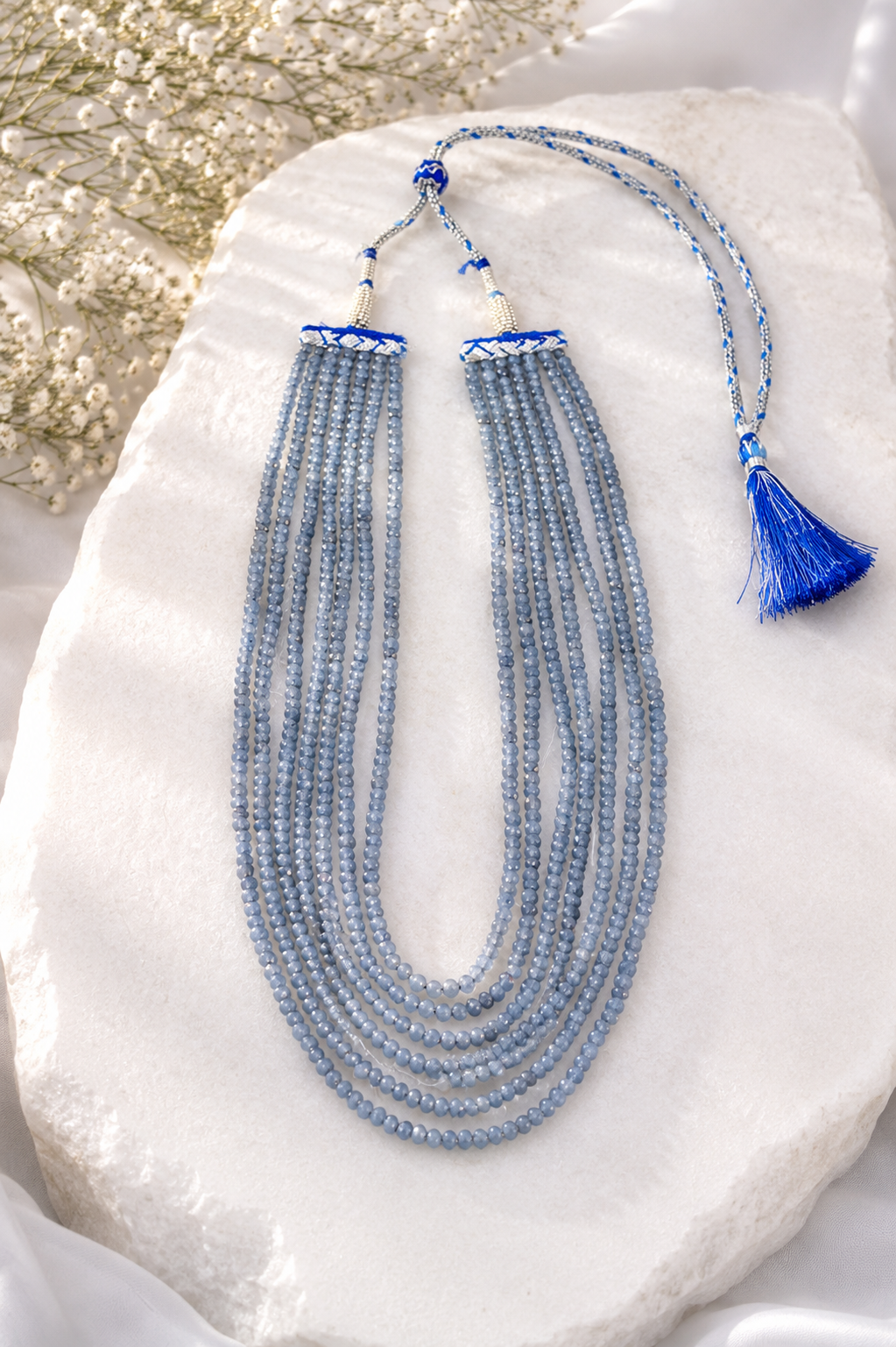 Sapphire Onyx Rondelle Beads Seven Layer Neckpiece