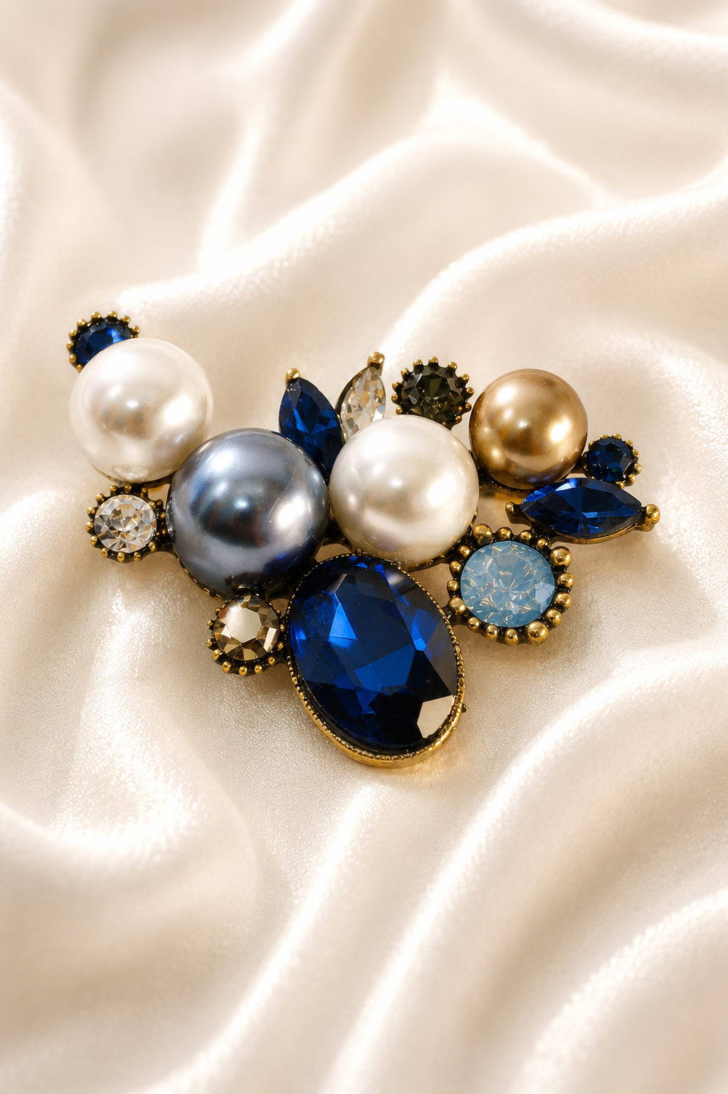 Sapphire Pearl Flowers Brooch