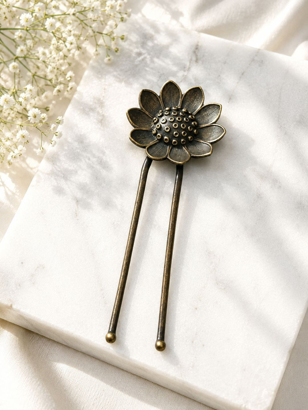 Brass oxidised sunflower hair pin, jewellery hair accessory