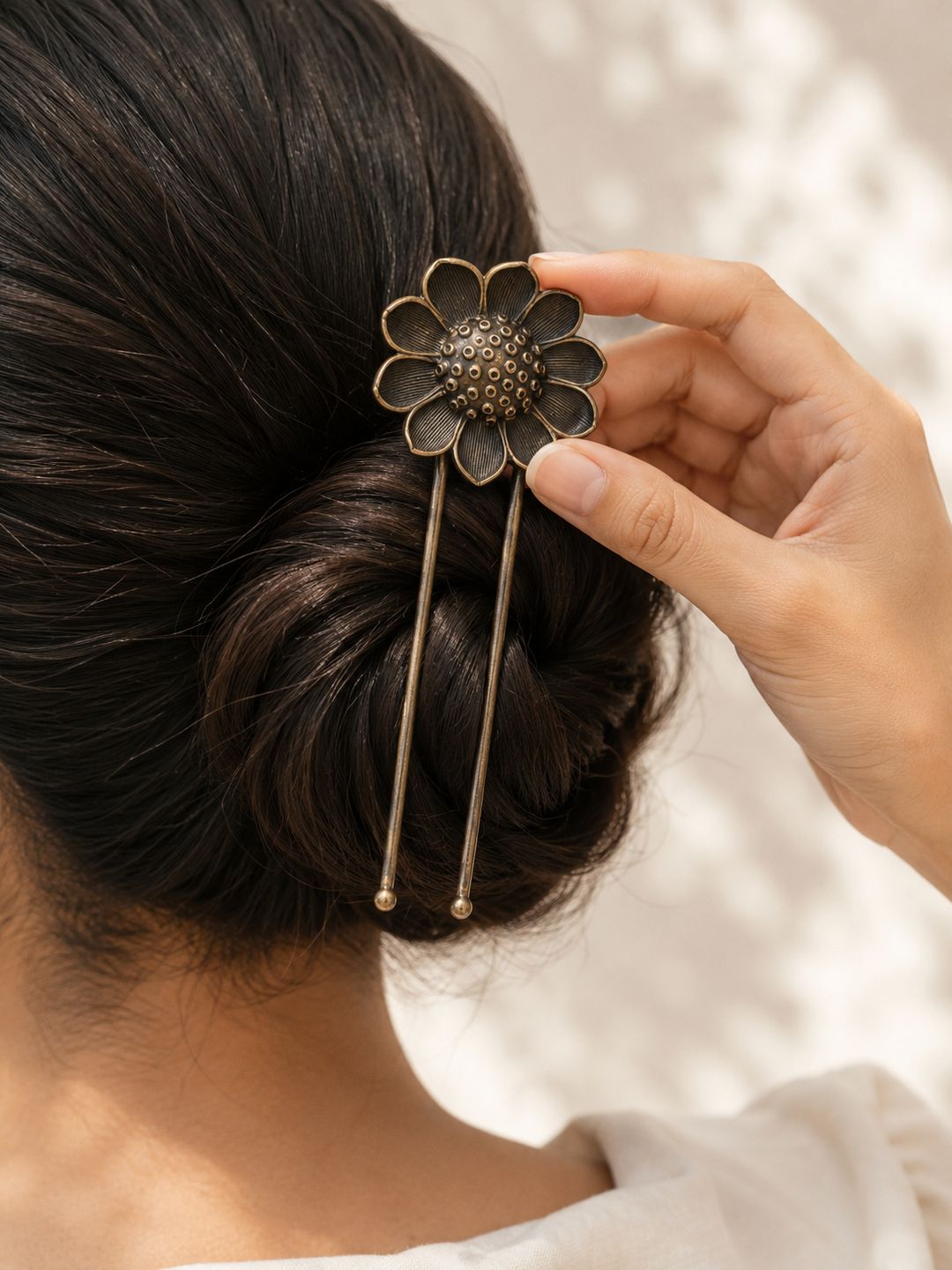 Brass oxidised sunflower hair pin, jewellery hair accessory