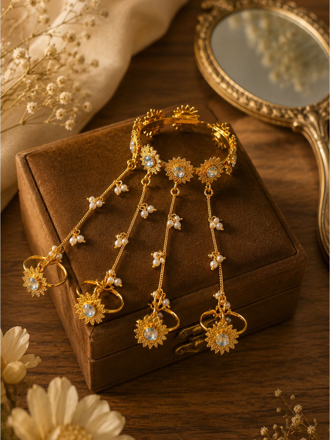 Brass sunflower stone studded haathphool, jewellery accessory