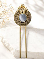 Brass oxidised vintage leaf hair pin with ruby-toned detailing, jewellery hair accessory