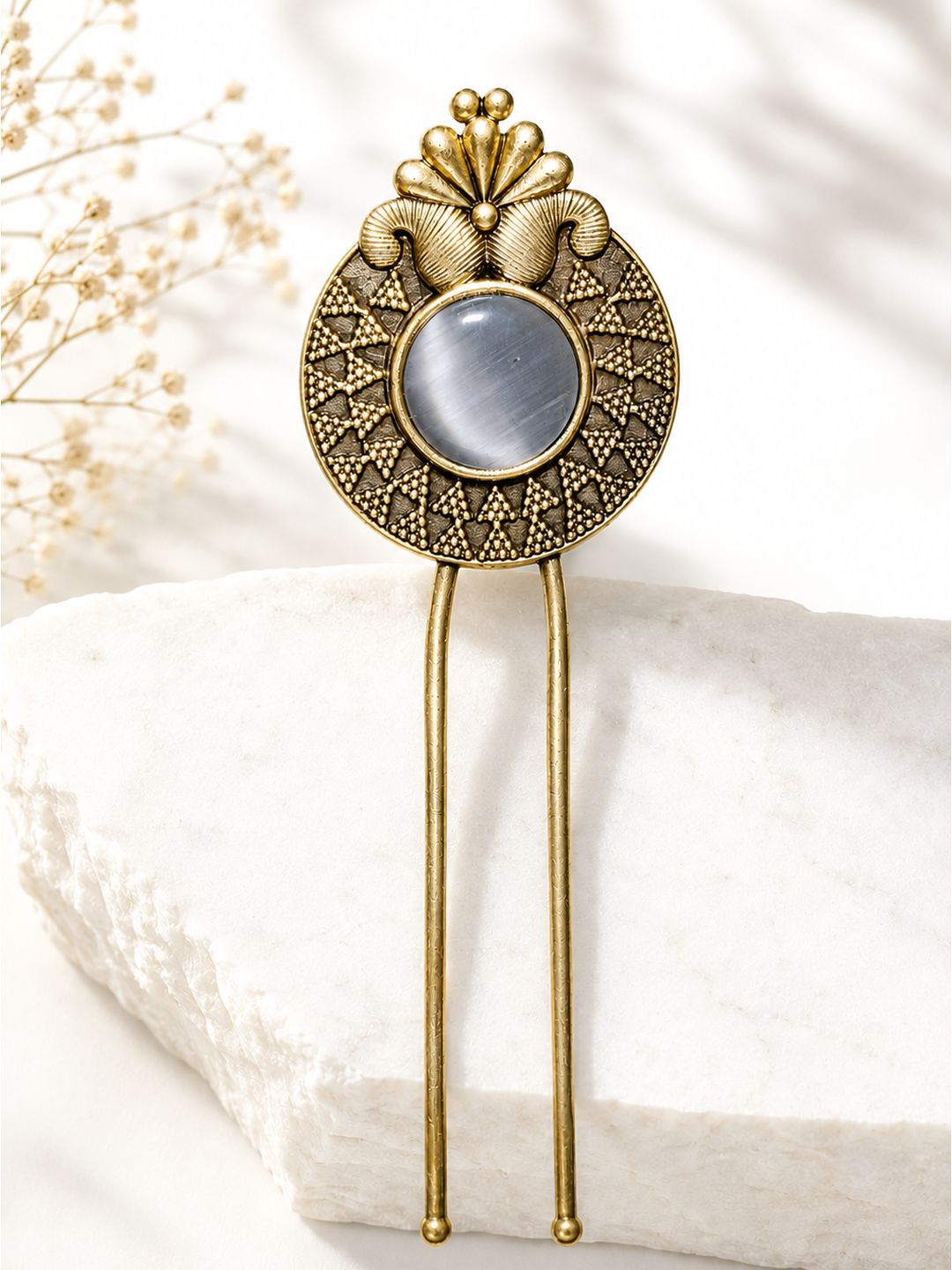 Brass oxidised vintage leaf hair pin with ruby-toned detailing, jewellery hair accessory